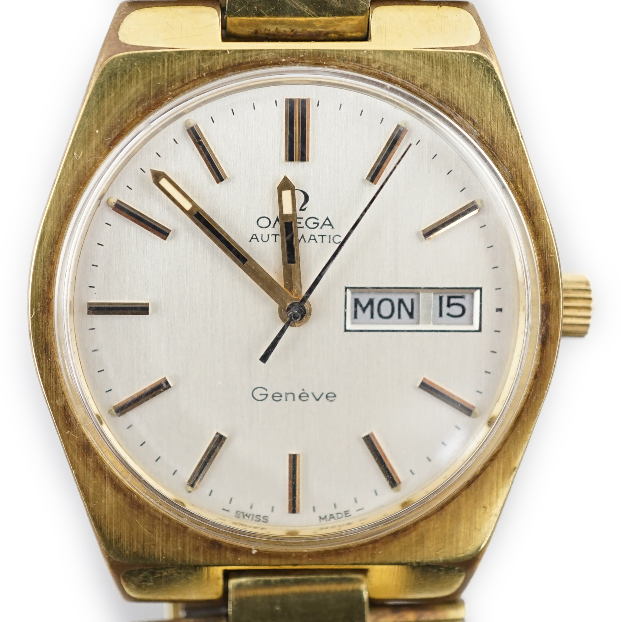 A gentleman's 1980's steel and gold plated Omega Day Date automatic wrist watch, on a steel and gold plated Omega bracelet